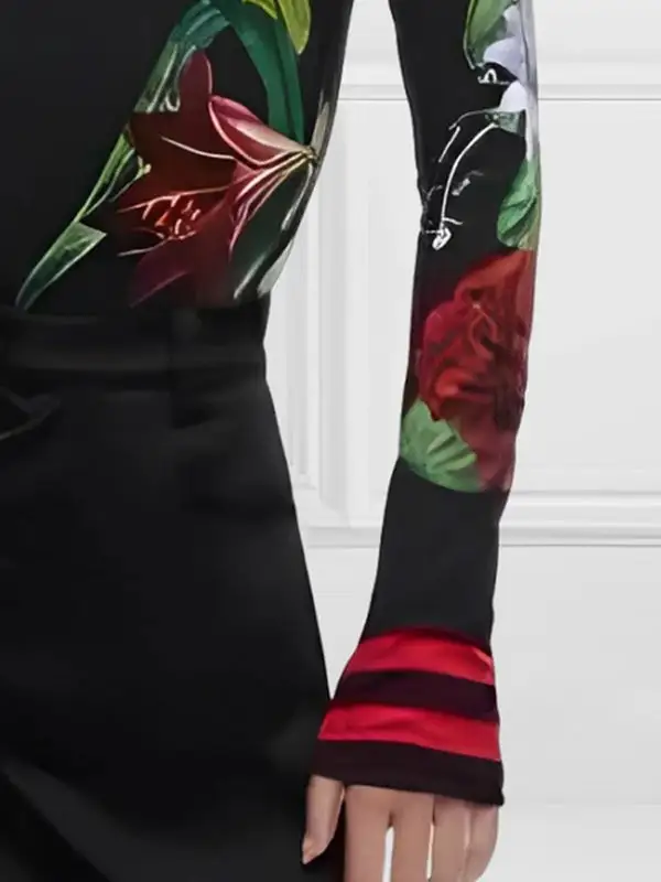 Long Sleeve Slim Fit Floral Print Panel Detail High Neck Everyday T-Shirt