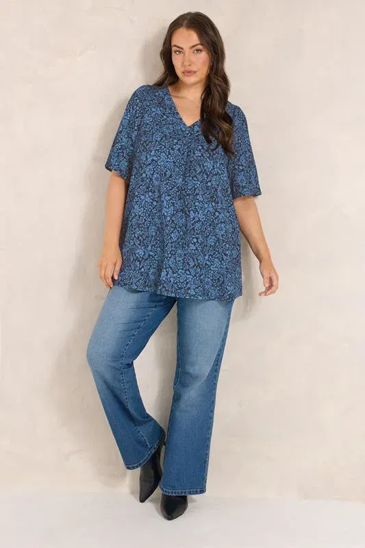 Navy Blue Floral Pleat Front Angel Sleeve Top