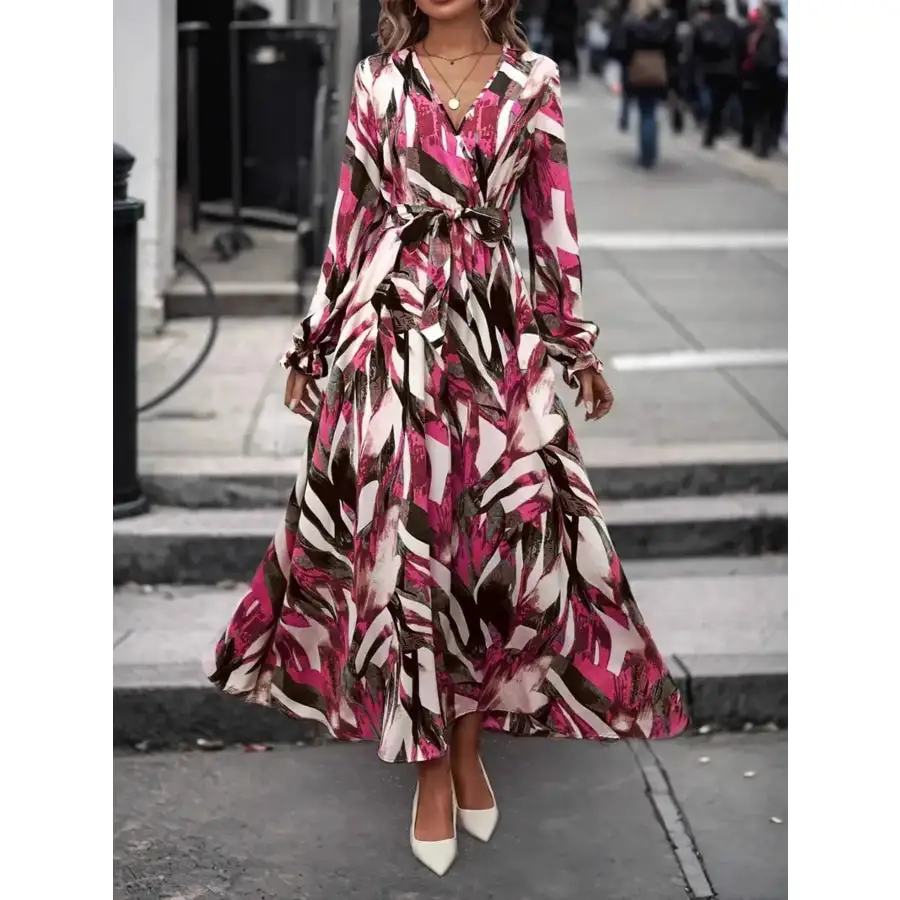 Printed Surplice Flounce Sleeve Maxi Dress
