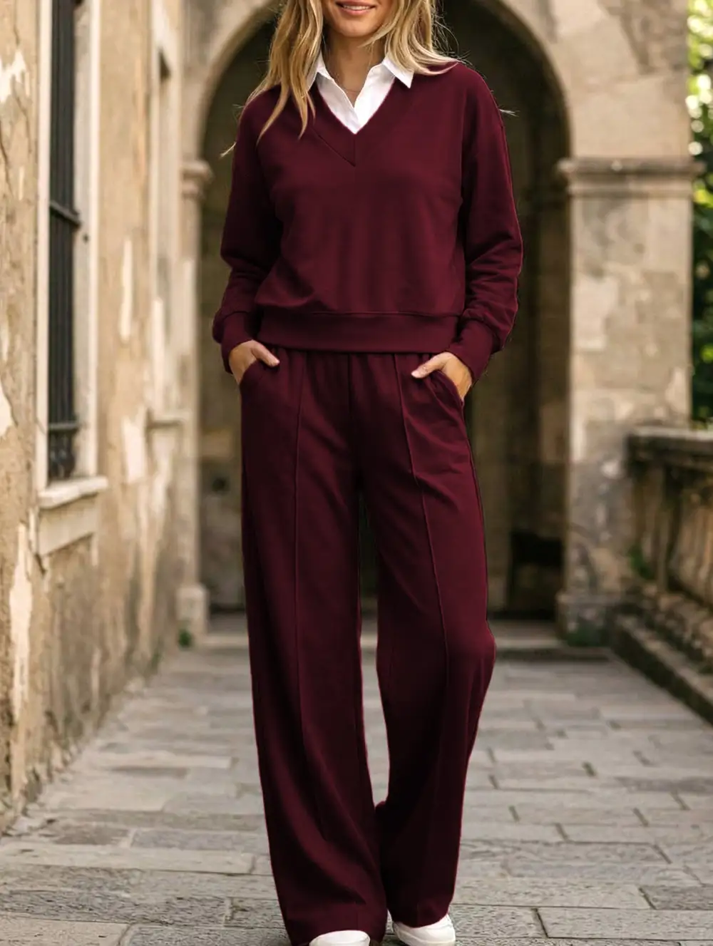 Collar Loose Top and Wide-Leg Pants Set