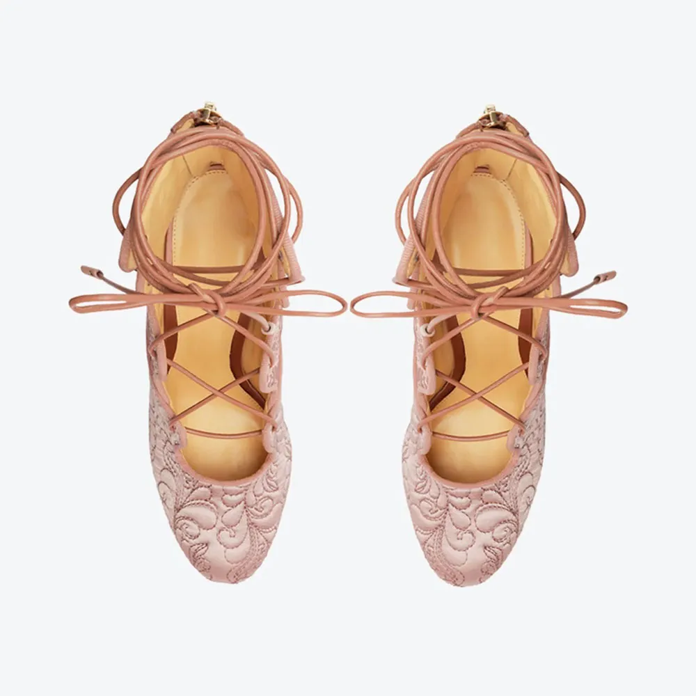 Embroidered Lace-Up Zip-Up Round-Toe Ankle Boots