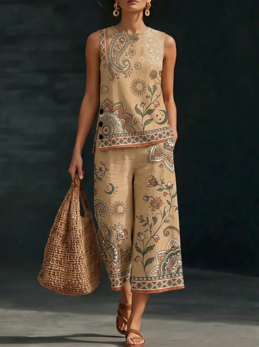 Women's Boho Paisley Floral Sun Moon Printed Sleeveless Set
