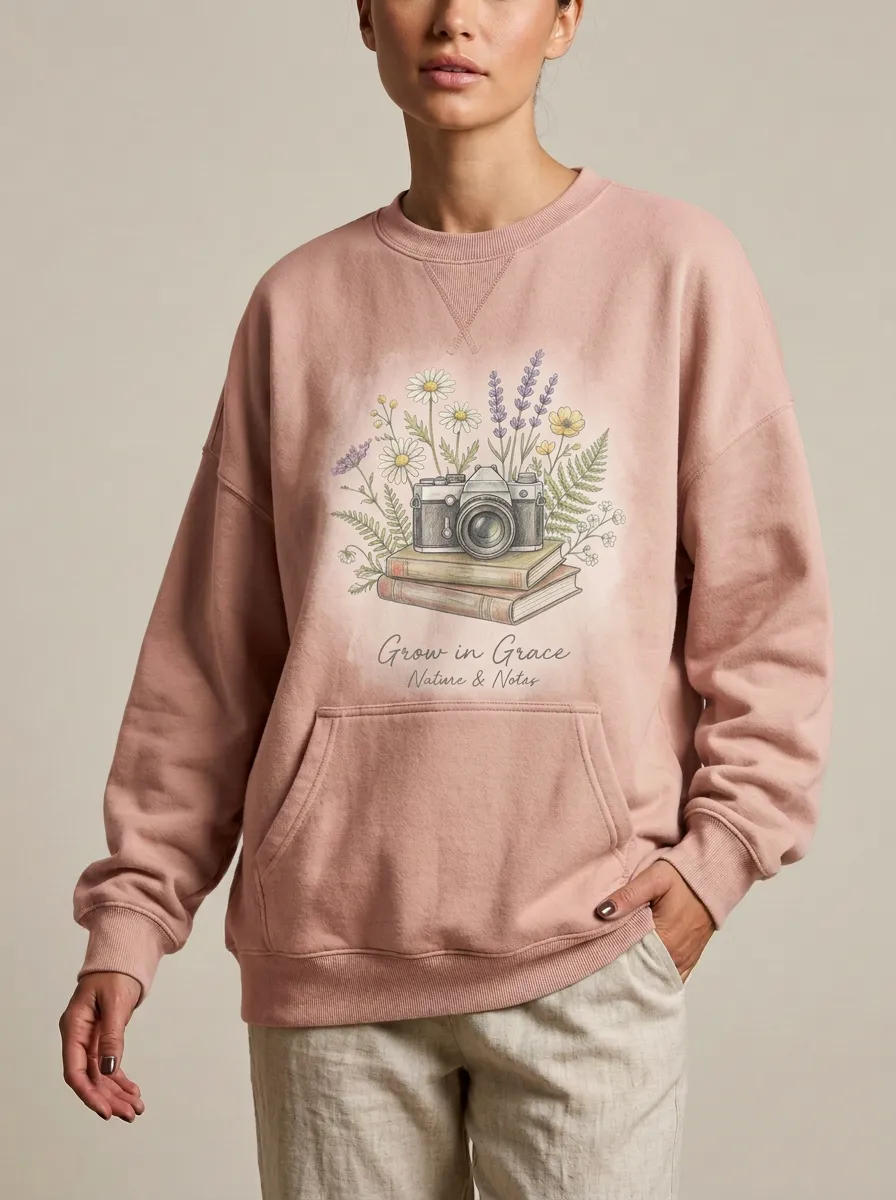 Women's Sage Green Photography Book Floral Crewneck Sweatshirt