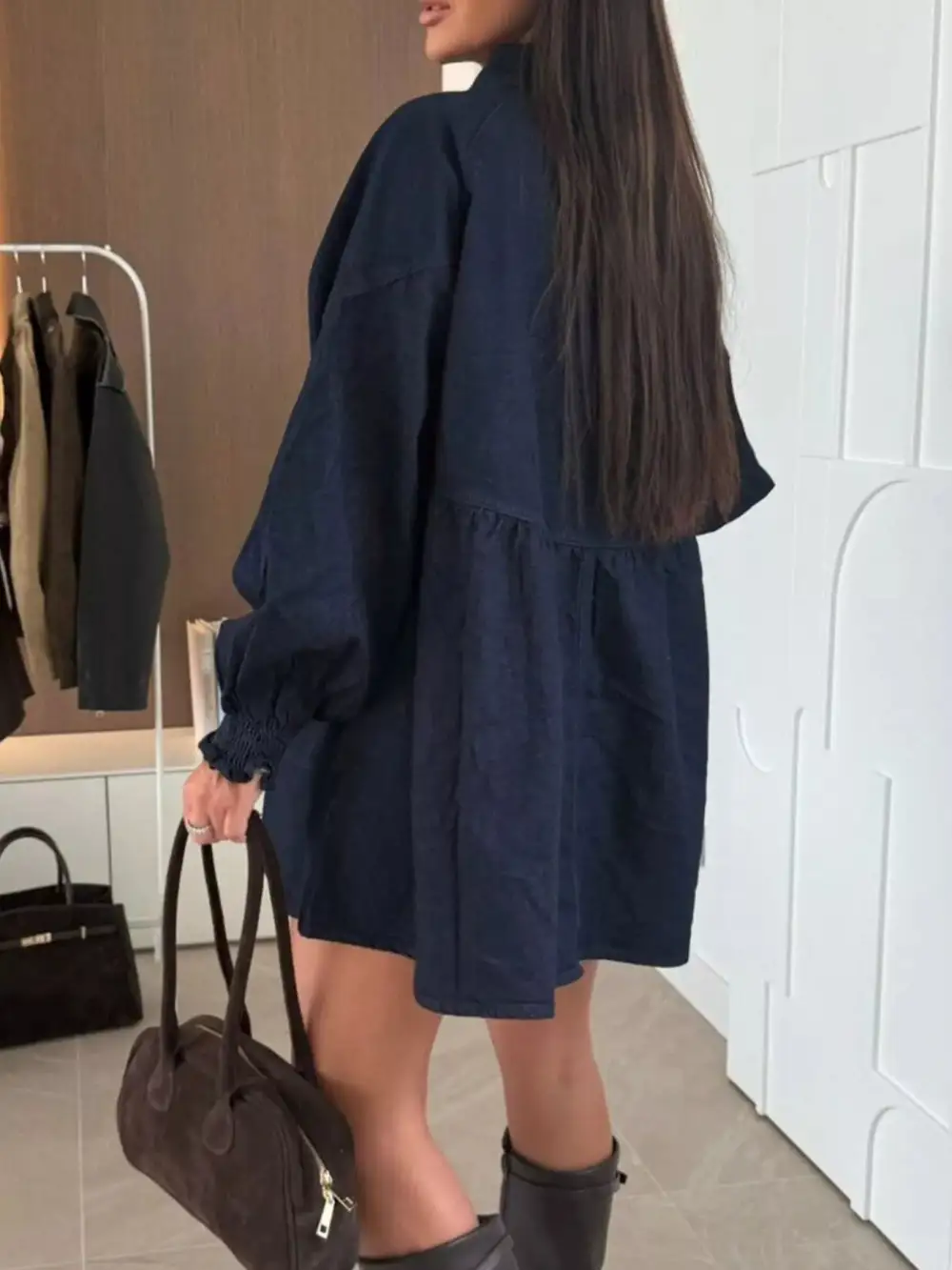 Denim Button Front Pocketed Mini Dress