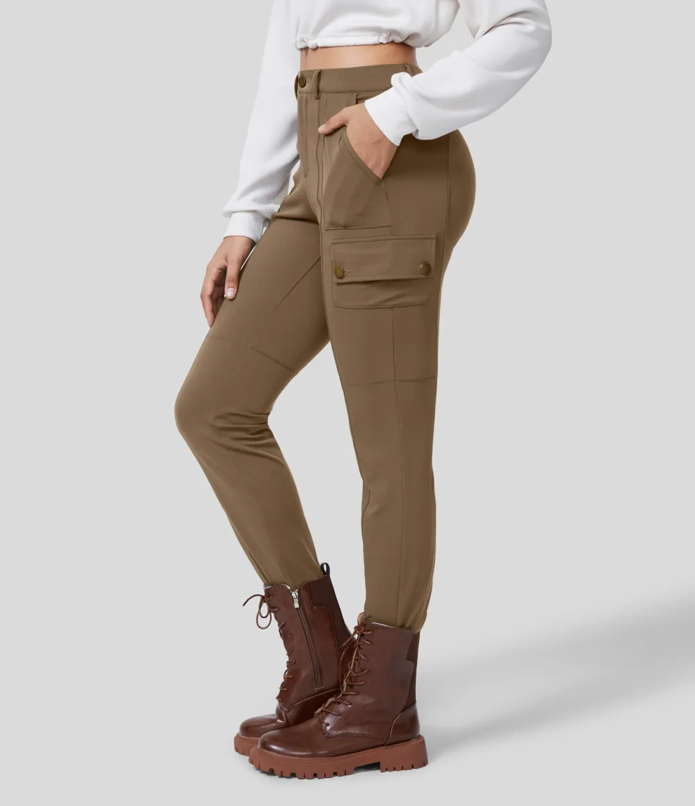 High Waisted Button Zipper Multiple Pockets Solid Skinny Cargo Pants