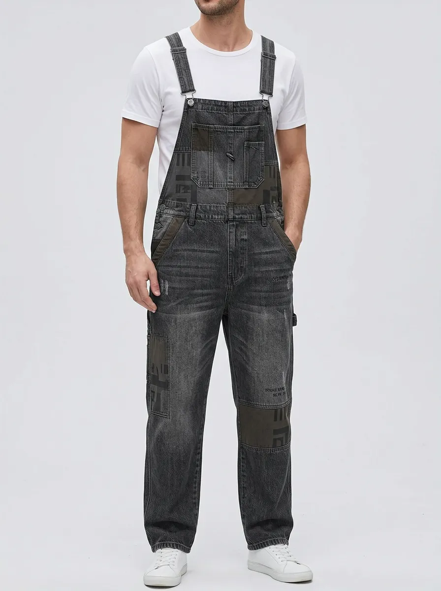 Patchwork Denim Graphic Print Overalls