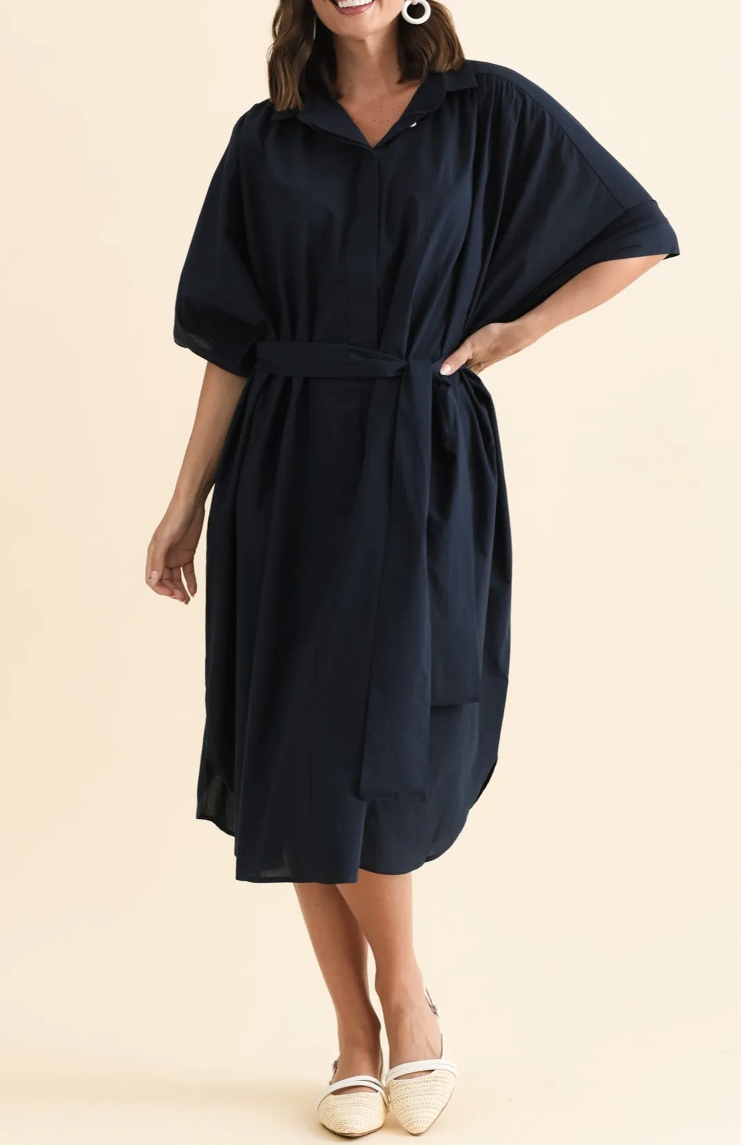 Below-Knee Cotton Pocket Batwing Collared Half-Sleeve Draped Dress