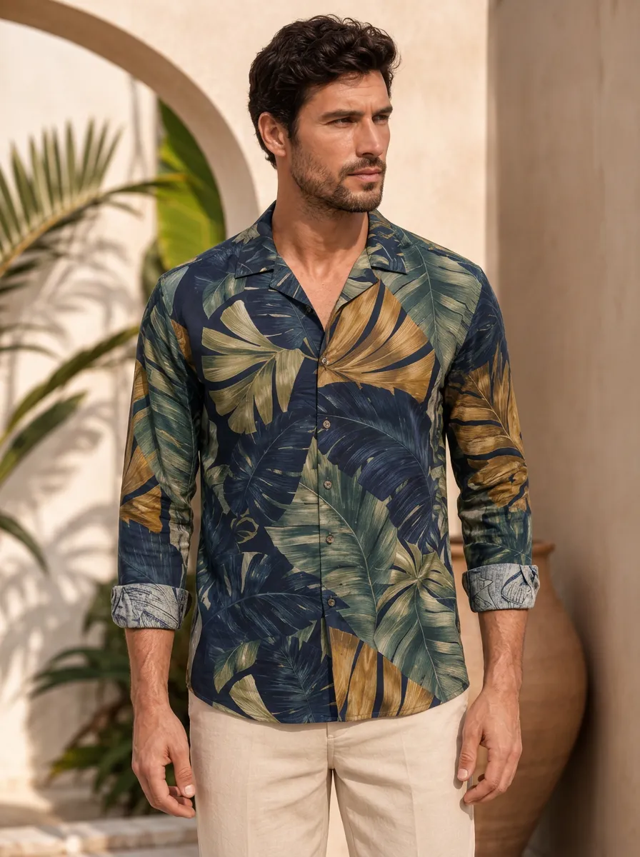 Men's Oversized Tropical Print Camp Collar Shirt