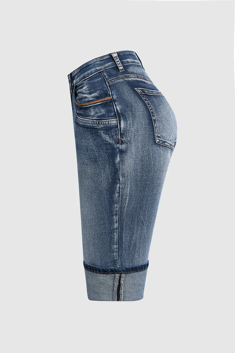 Cuffed Hem Low Rise Bermuda Denim Shorts Without Belt