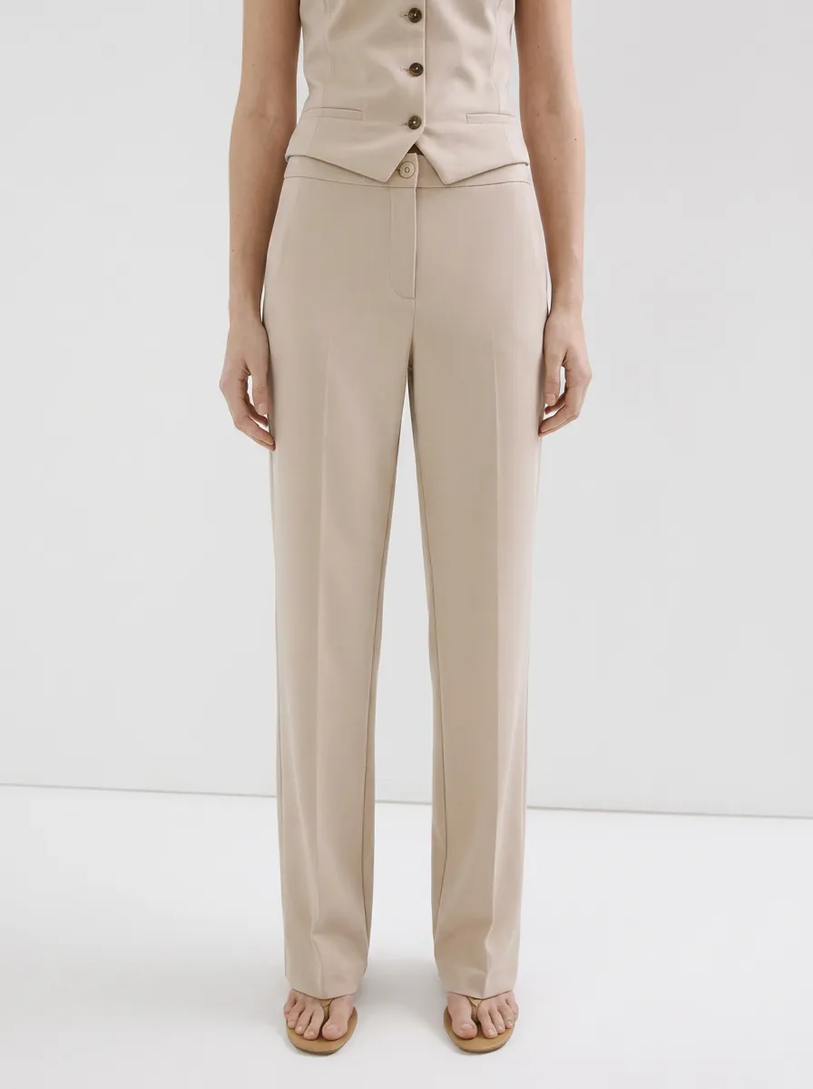 Women's Minimalist Beige Solid Color Mid-Rise Straight Leg Trousers