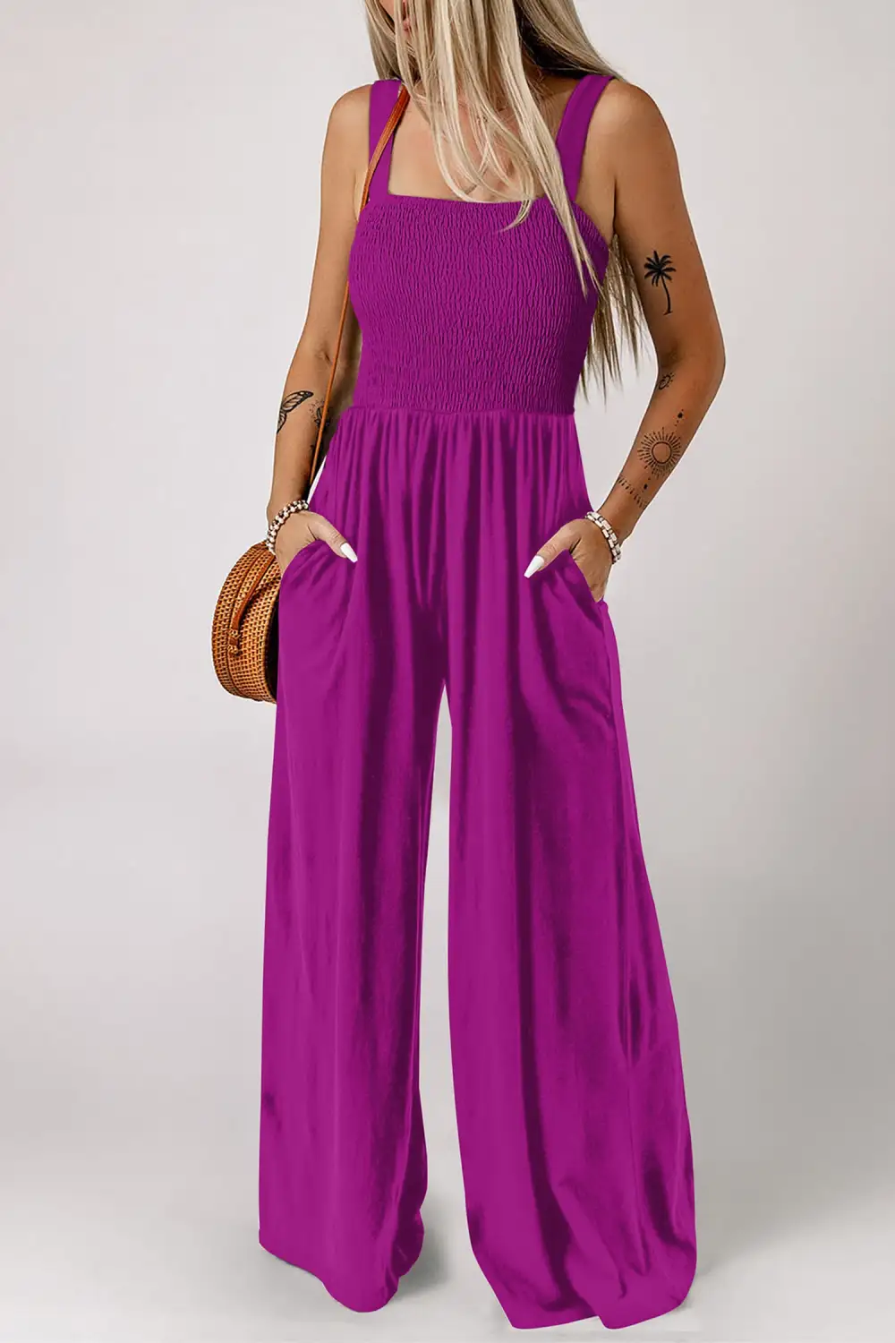 Orchid Smocked Square Neck Sleeveless Pockets Jumpsuit
