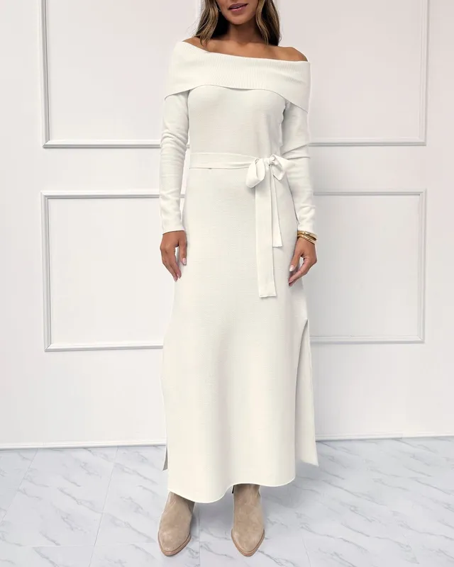 Plain Shoulder Sweater Dress