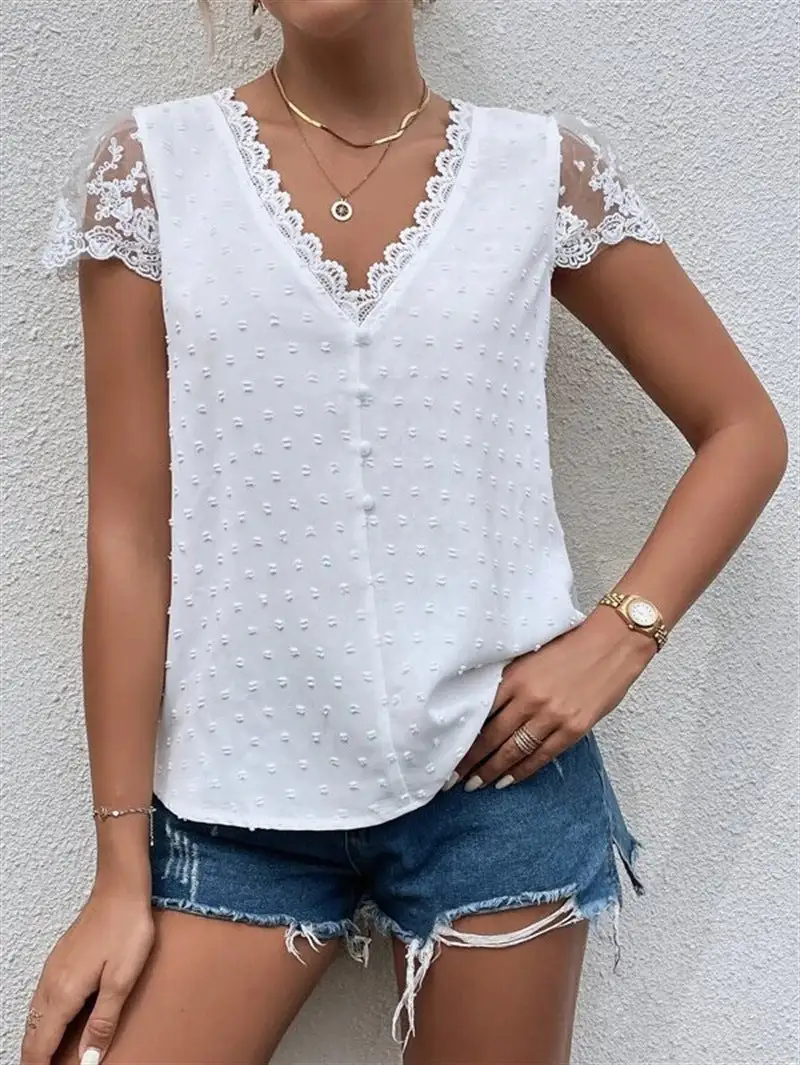 Lace Detail V-Neck Short Sleeve Blouse
