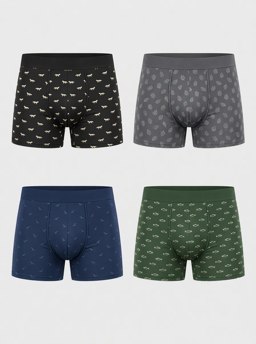 Men's Nature Animal Pattern Fox Leaf Fish Printed Boxer Briefs 4-Pack