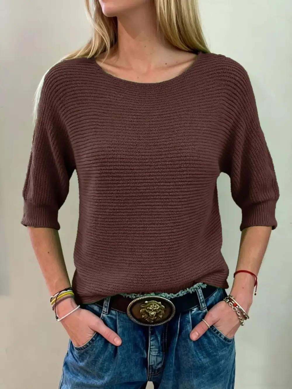 Full Size Ribbed Knit Round Neck Sweater Plus Size