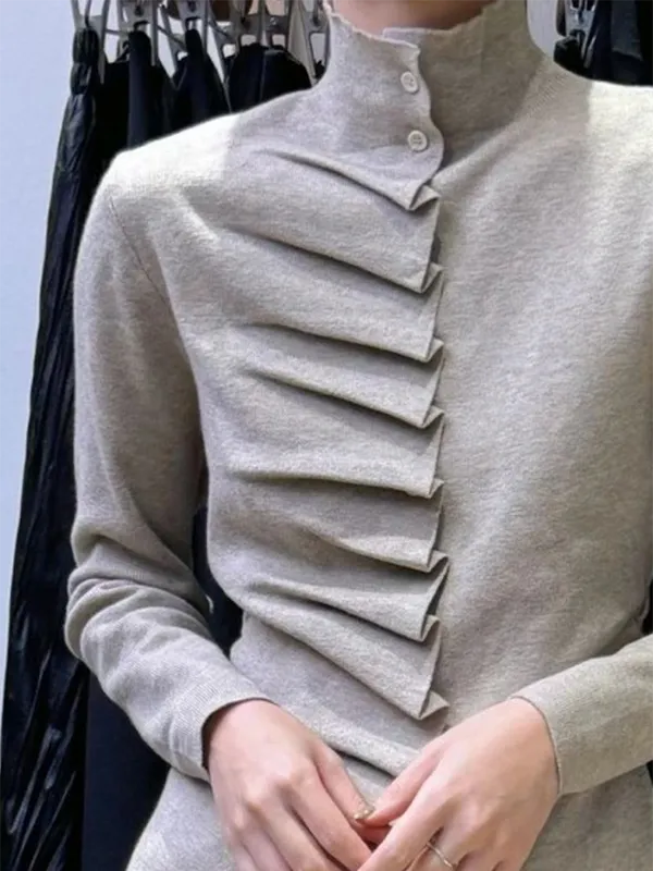 Pleated High Neck Long Sleeve Pullover Sweater