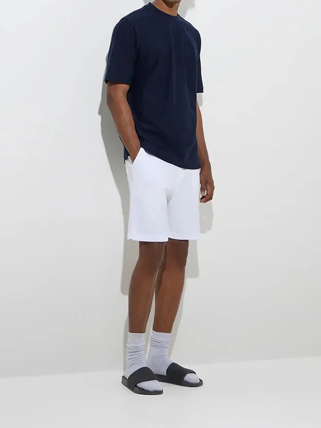 Navy Plain Loose Cotton-Blend T-Shirt