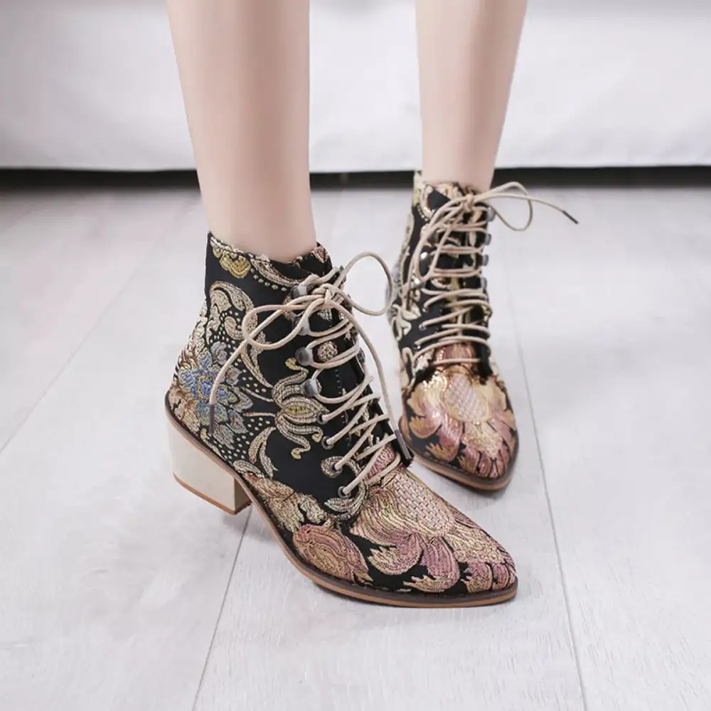 Embroidered Floral Lace Up Ankle Boots