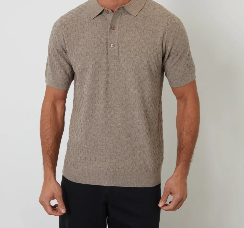 Men's Taupe Basket Stitch Knitted Polo