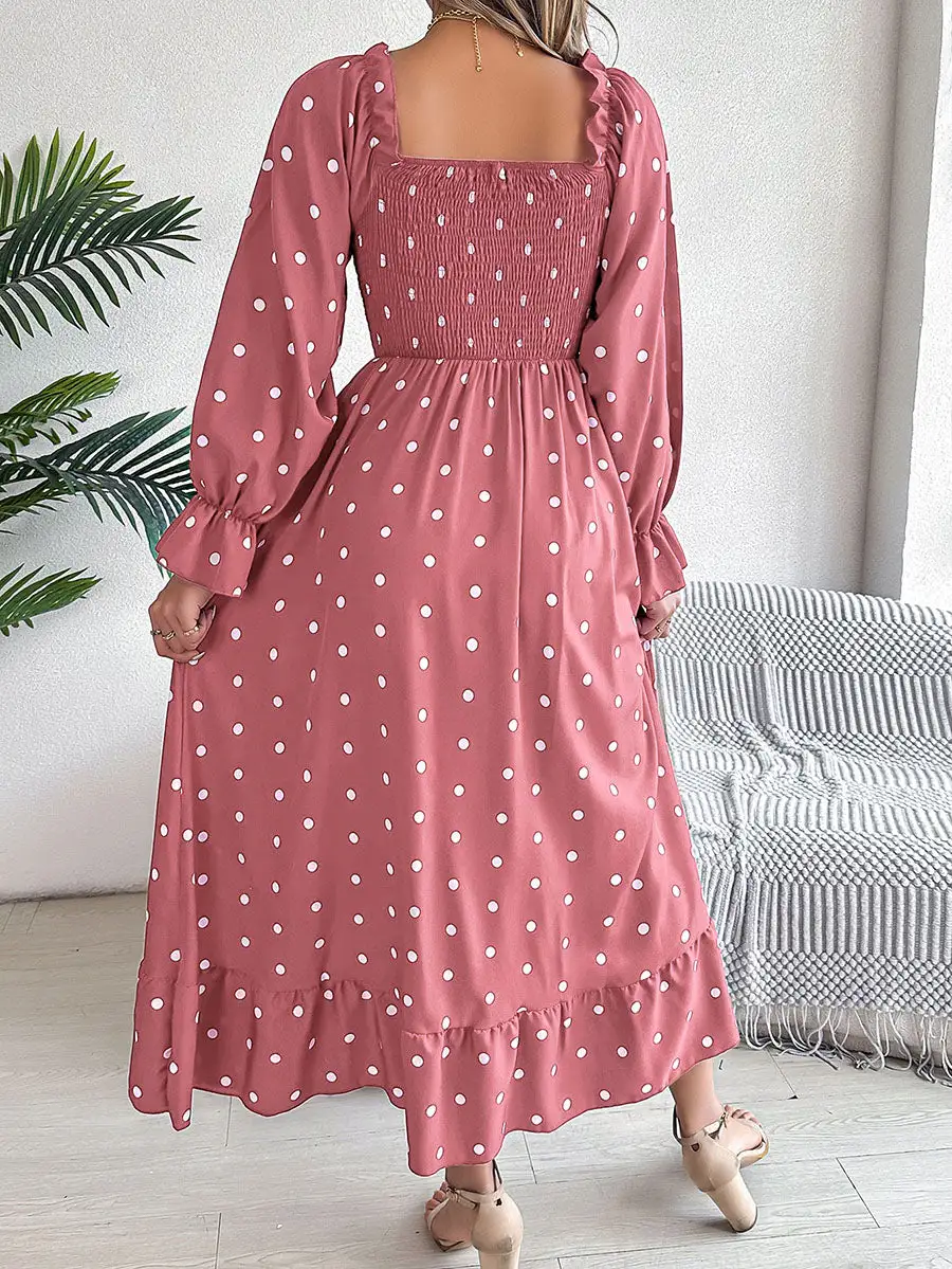 Pleated Ruffled Polka Dot Long Neck Shirt