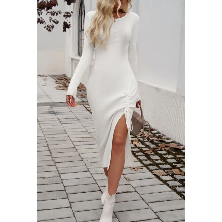 Drawstring Round Neck Long Sleeve Midi Dress