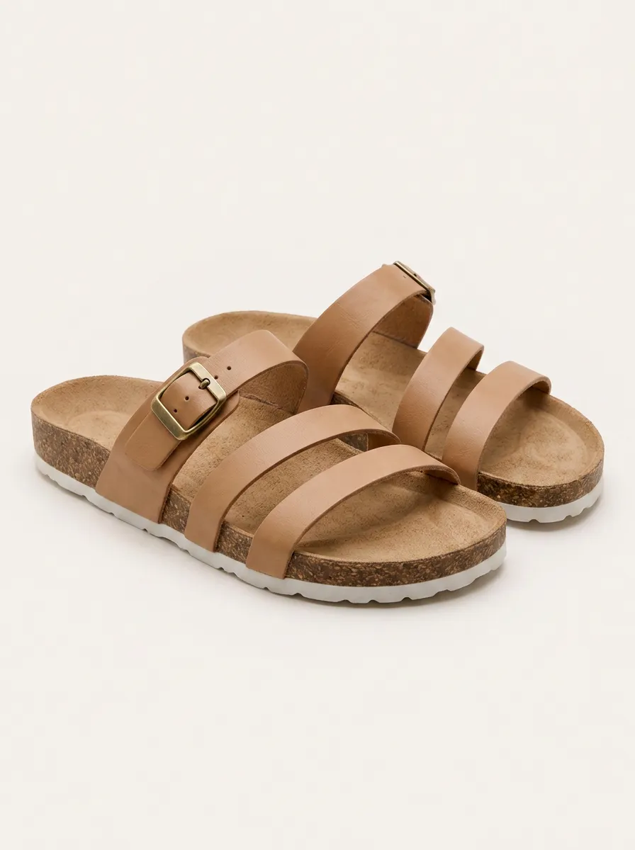 Women's Casual Summer Tan Triple Strap Cork Footbed Sandals