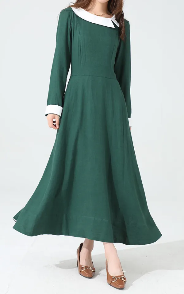 Polished Linen Cotton Long Sleeve Maxi Dress