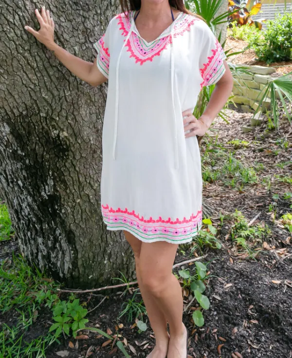 Embroidered Short Sleeve Beach Cover Up