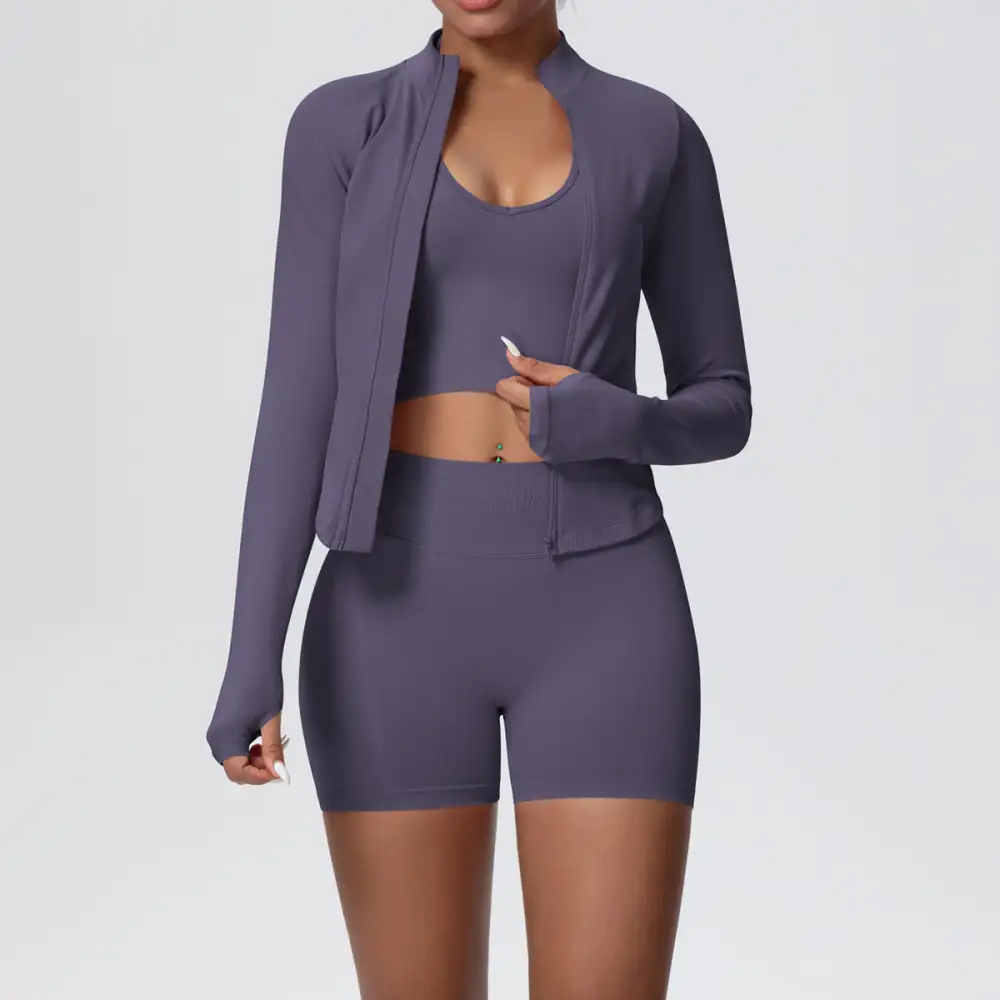 Long-Sleeve High-Waist Jacket, Bra and Vest Active Set