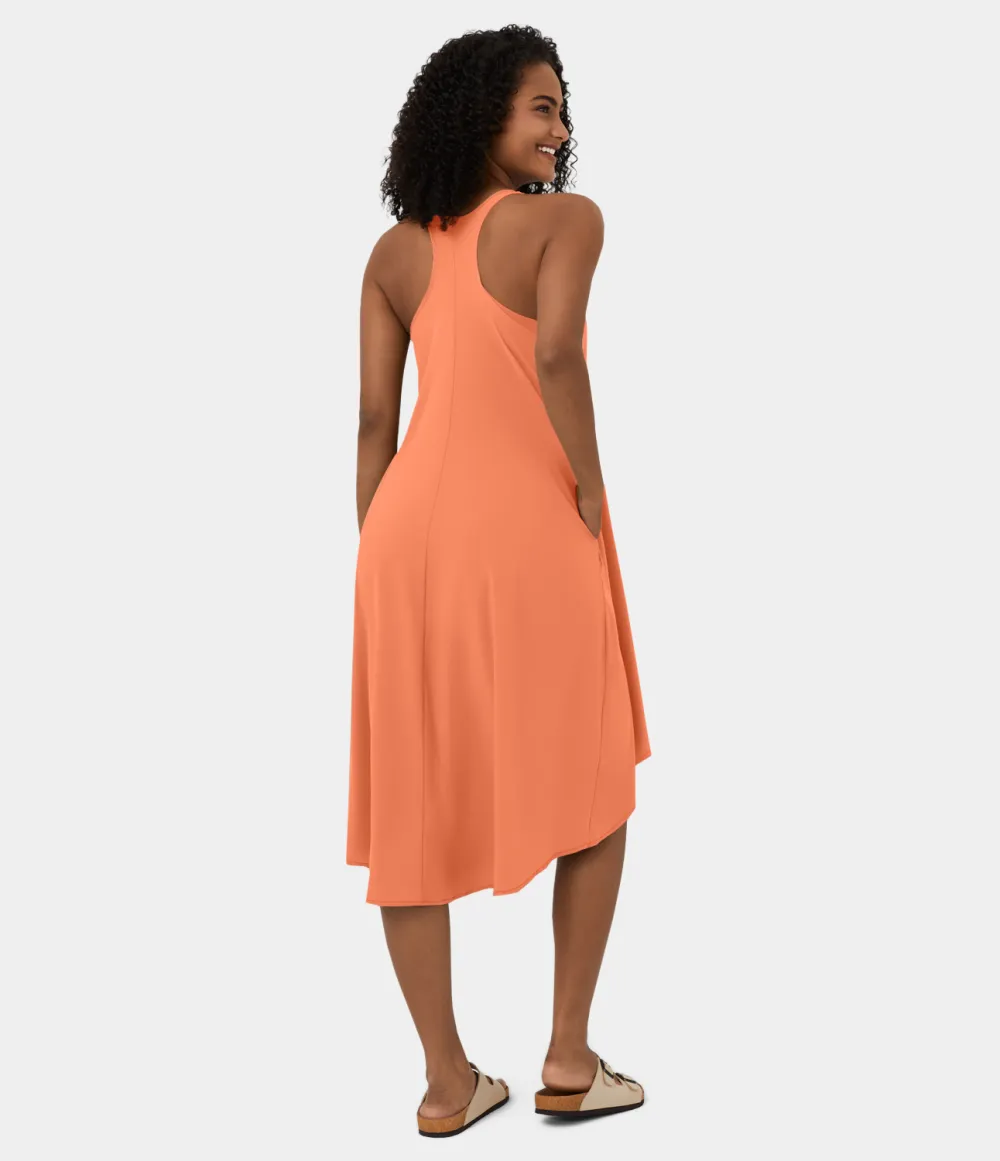 Breezeful Backless Racerback Side Pocket High Low Flowy Midi Quick Dry Casual Dress