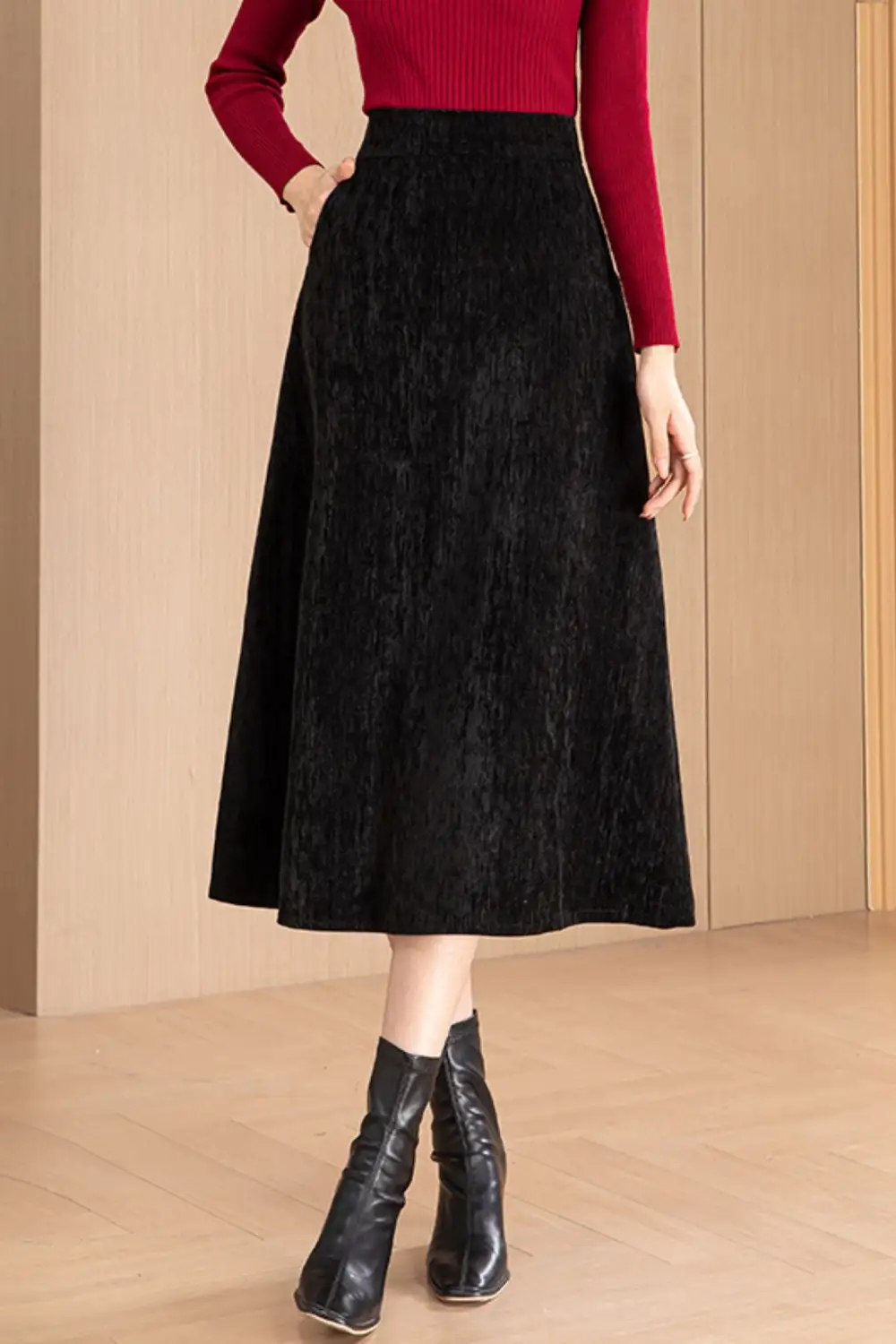 Checkered Polyester A Line High Waist Midi Skirt