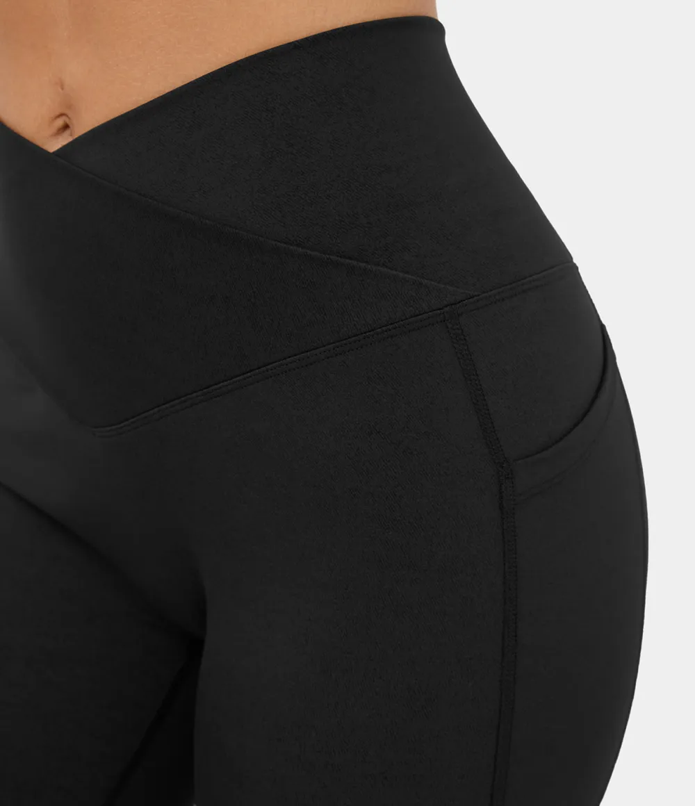Crossover Side Pocket Stretchy Denim Print Yoga Leggings