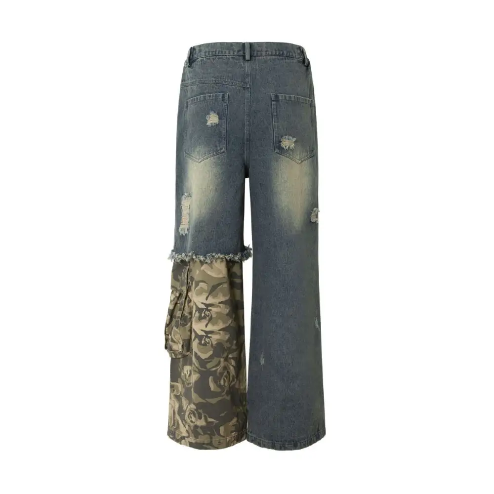 Ripped Camouflage Patchwork Denim Jeans