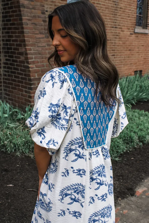 Blue Abstract Tie Neck Dress