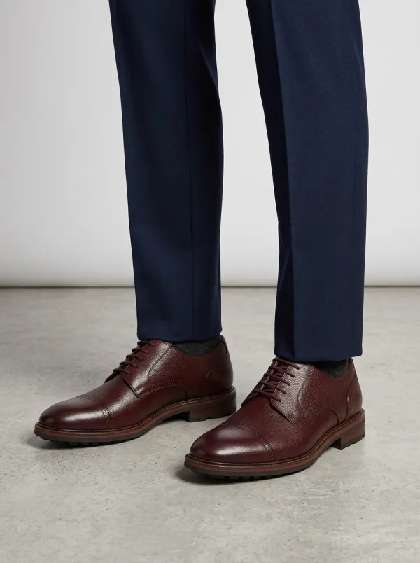 Men's Burgundy Pebble-Grain Cap-Toe Oxford Shoes
