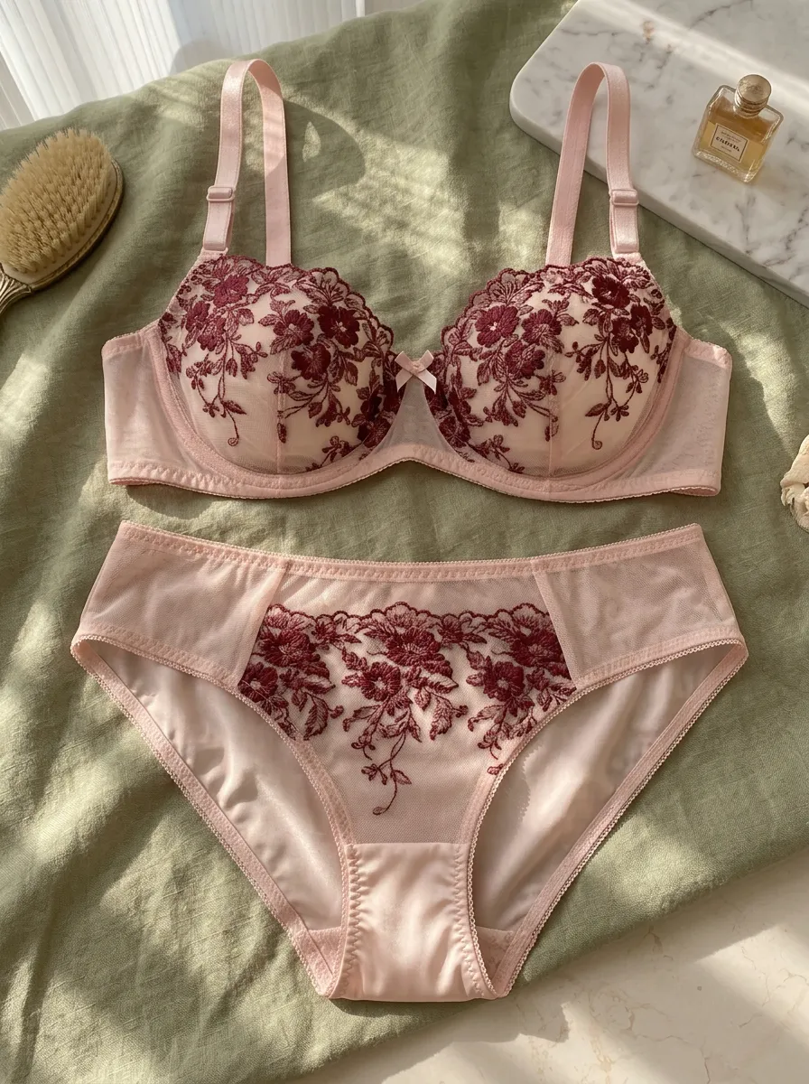 Women's Floral Embroidery Mesh Blush Embroidered Lingerie Set