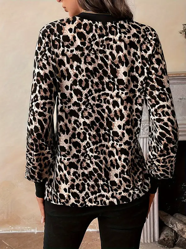 Long Sleeve Relaxed Button Detail Leopard V-Neck T-Shirt