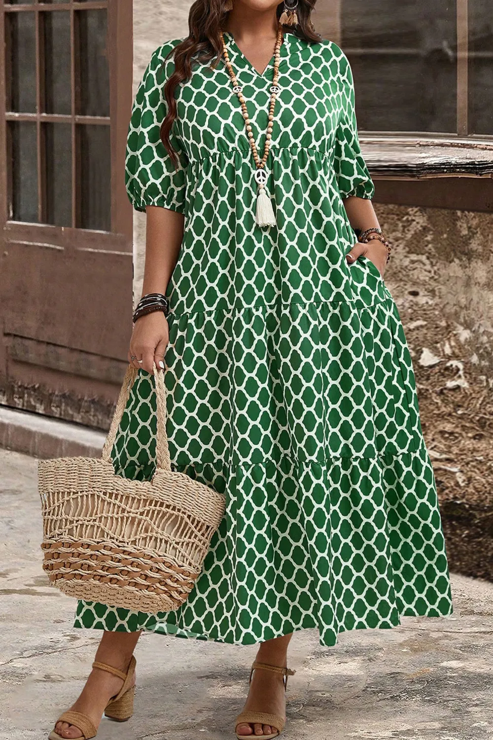 Green Geometric Ruffle Hem Dress