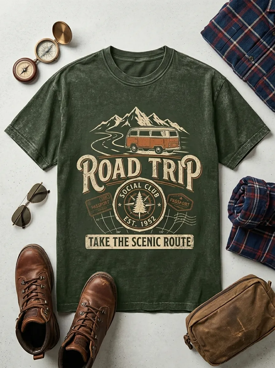 Unisex Road Trip Adventure Mountain Van Printed T-shirt