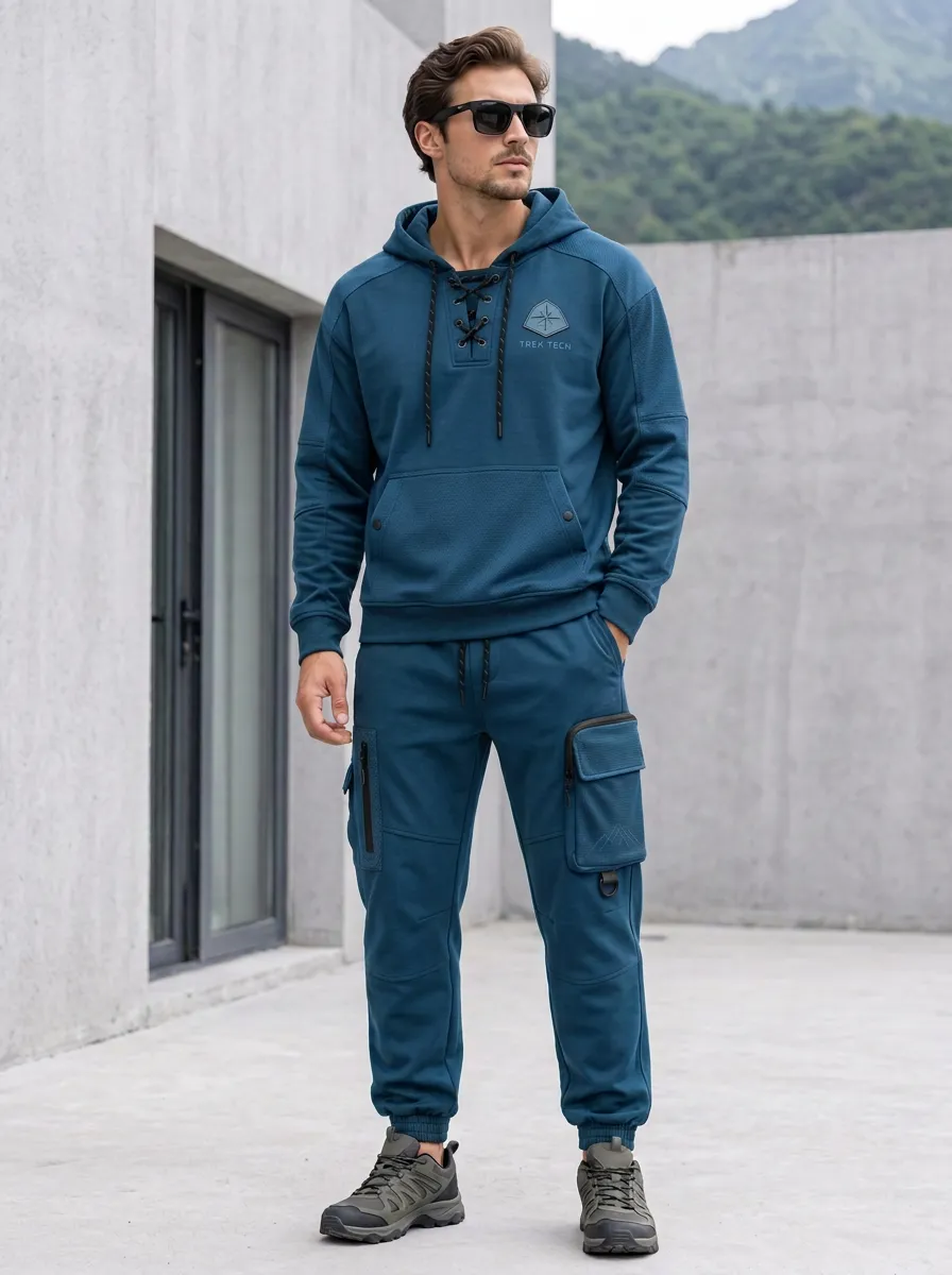 Urban Lace-Up Graphic Print Active Look Men's Lace Up Hoodie And Cargo Jogger Set