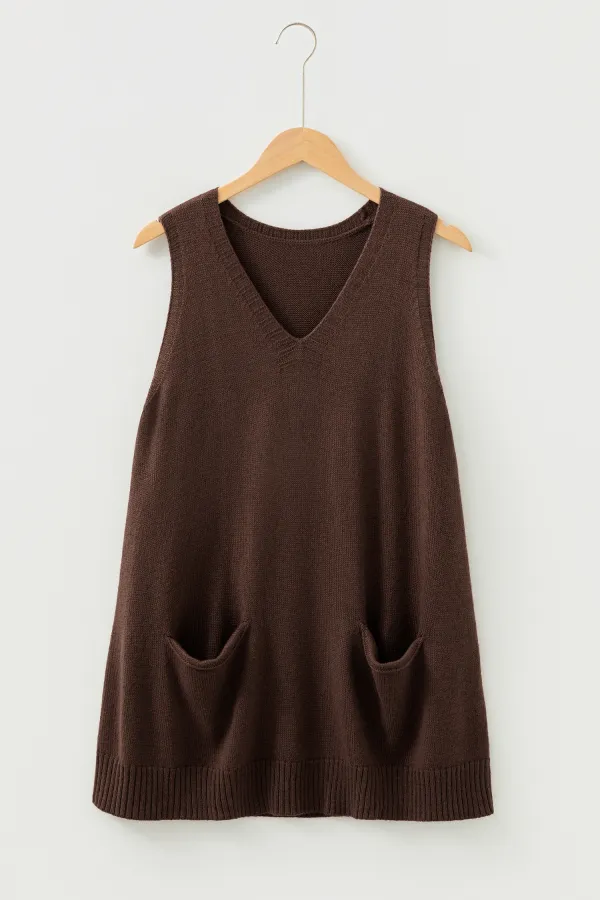 Dark Brown Ribbed Deep V Vest