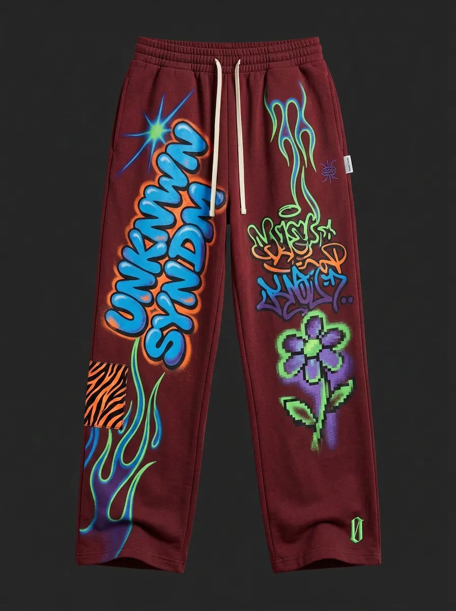 Men's Streetwear Graffiti Flame Flower Printed Joggers