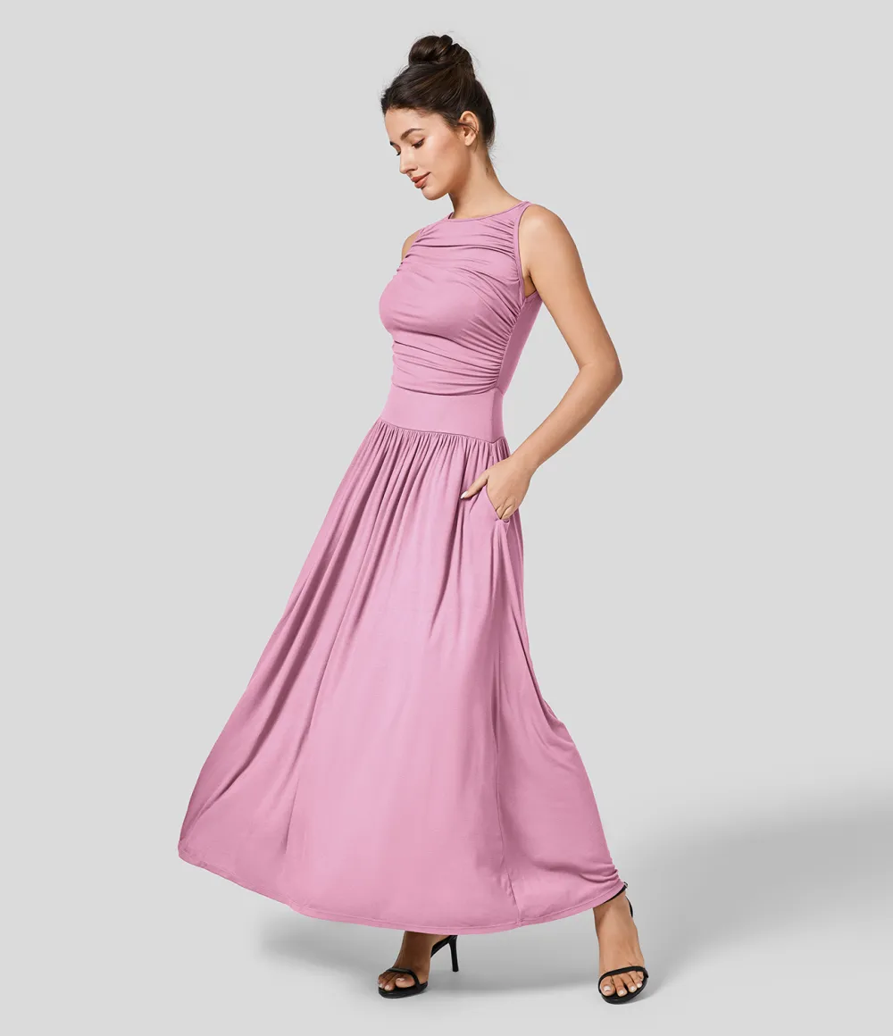 Ribbed Boat Neck Ruched Side Pocket Flowy Maxi Casual Dress