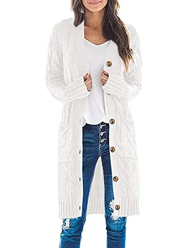 Womens Long Sleeve Cable Knit Long Cardigan Open Front Button Sweater Outerwear
