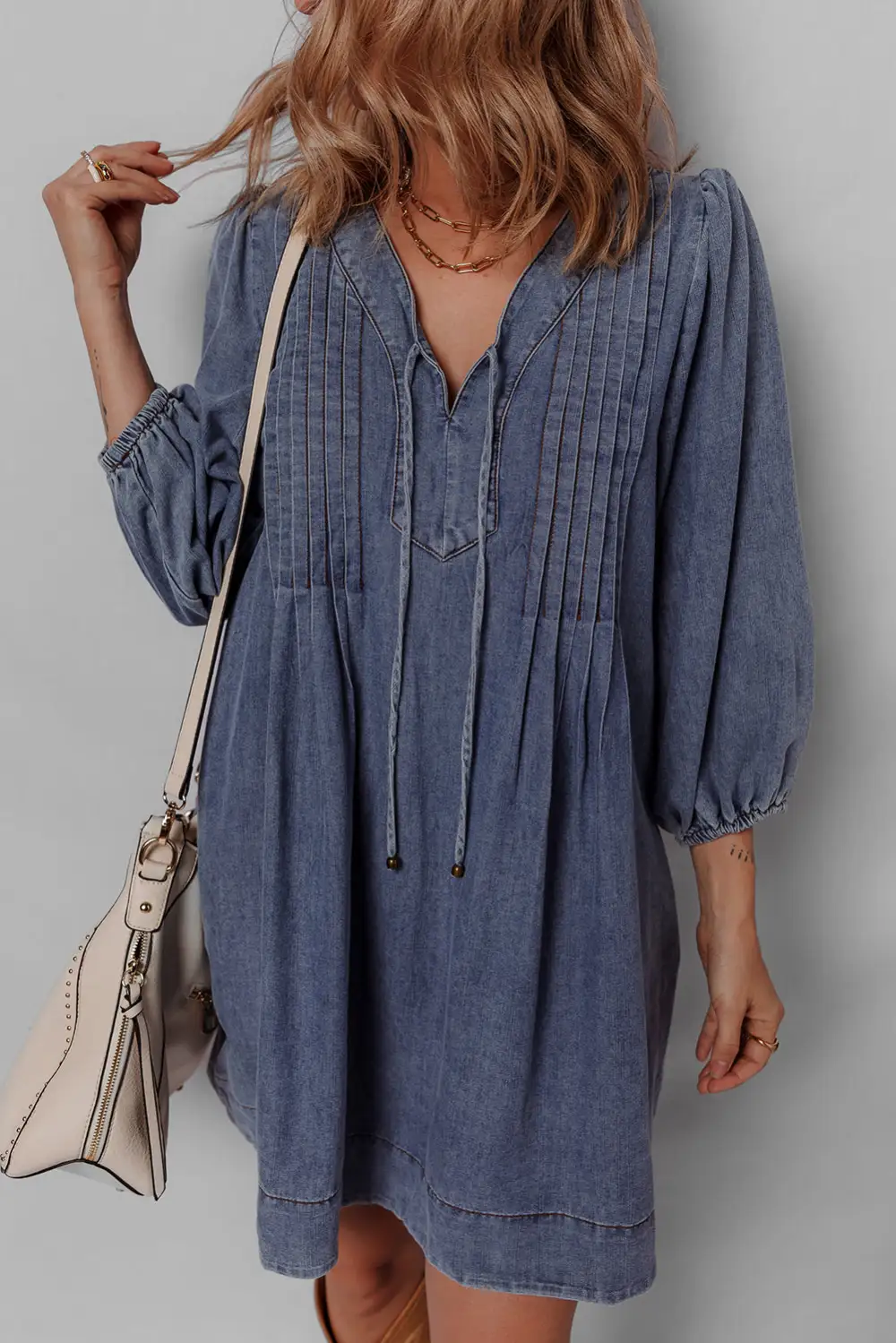 Denim Look Pleated Tie Detail Mini Dress