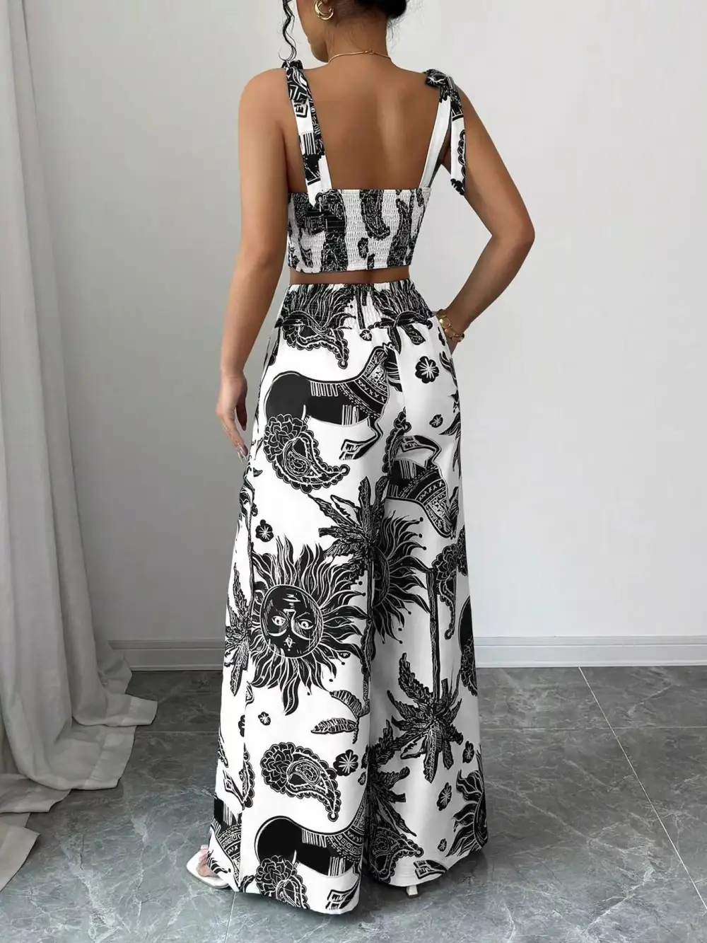Floral Print Crop Top and Wide Leg Pants Set