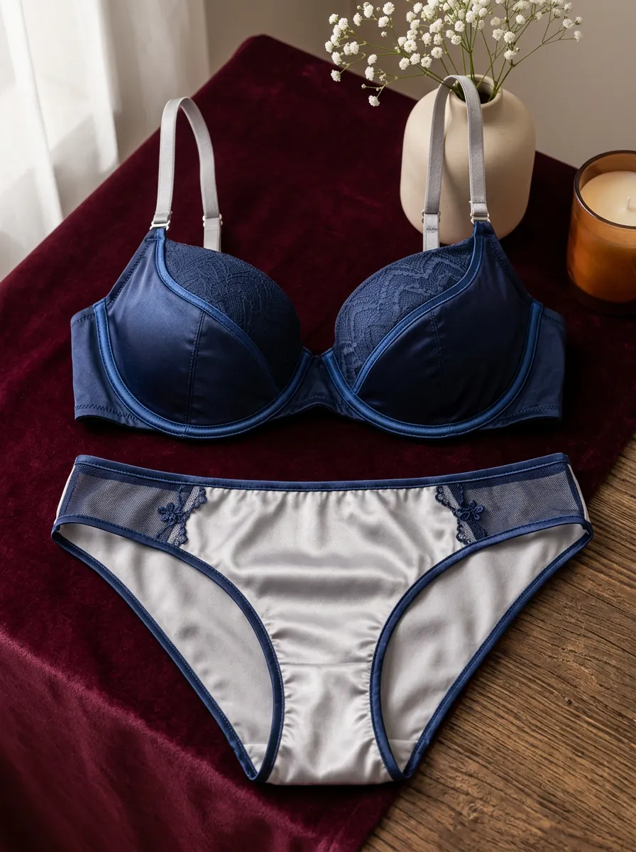 Women's Lace Satin Contrast And Lingerie Set
