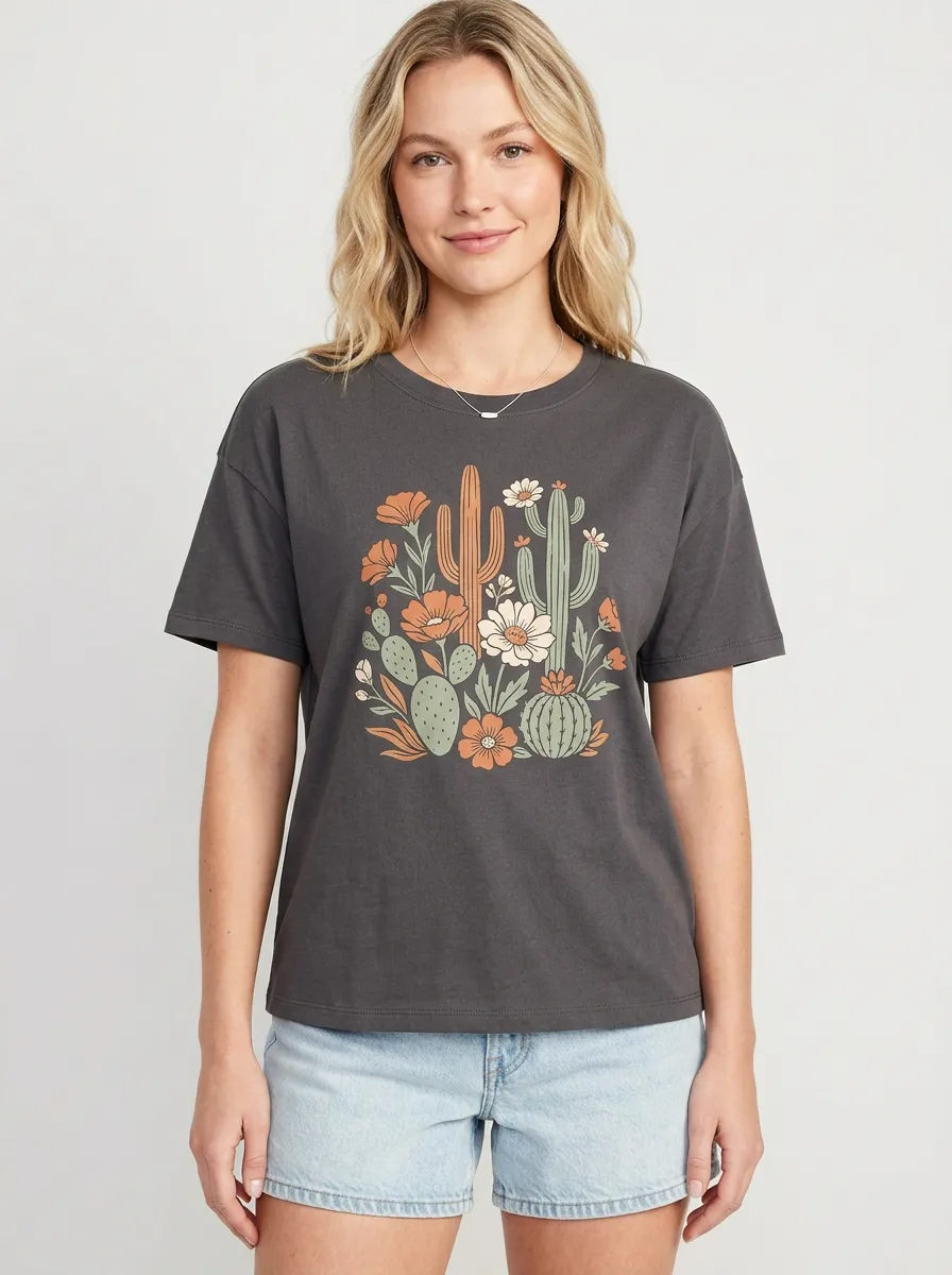 Women's Boho Cactus Floral Graphic Crewneck T-Shirt