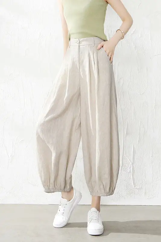 Modern Linen Wide Leg Elastic Waist Pocketed Trousers