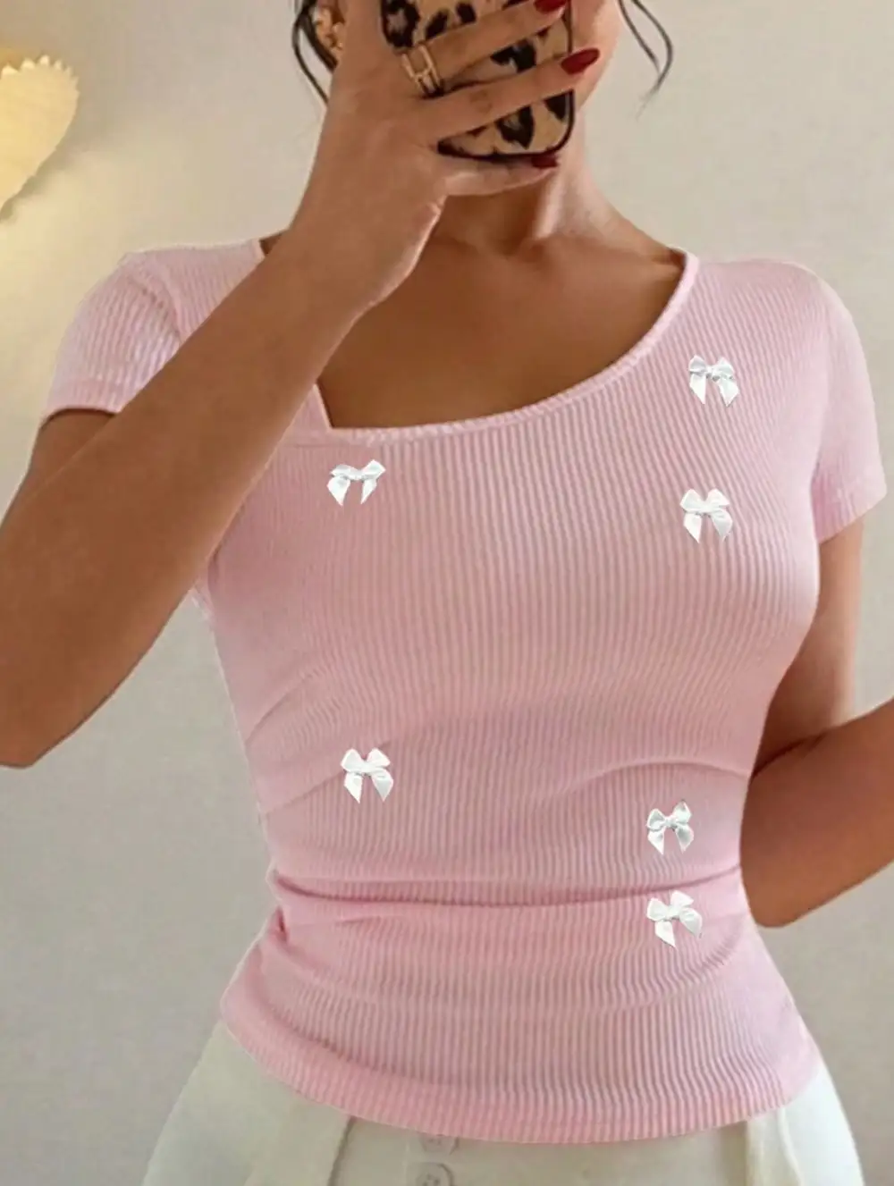 Bow Asymmetric Shoulder Slim Fit Tee